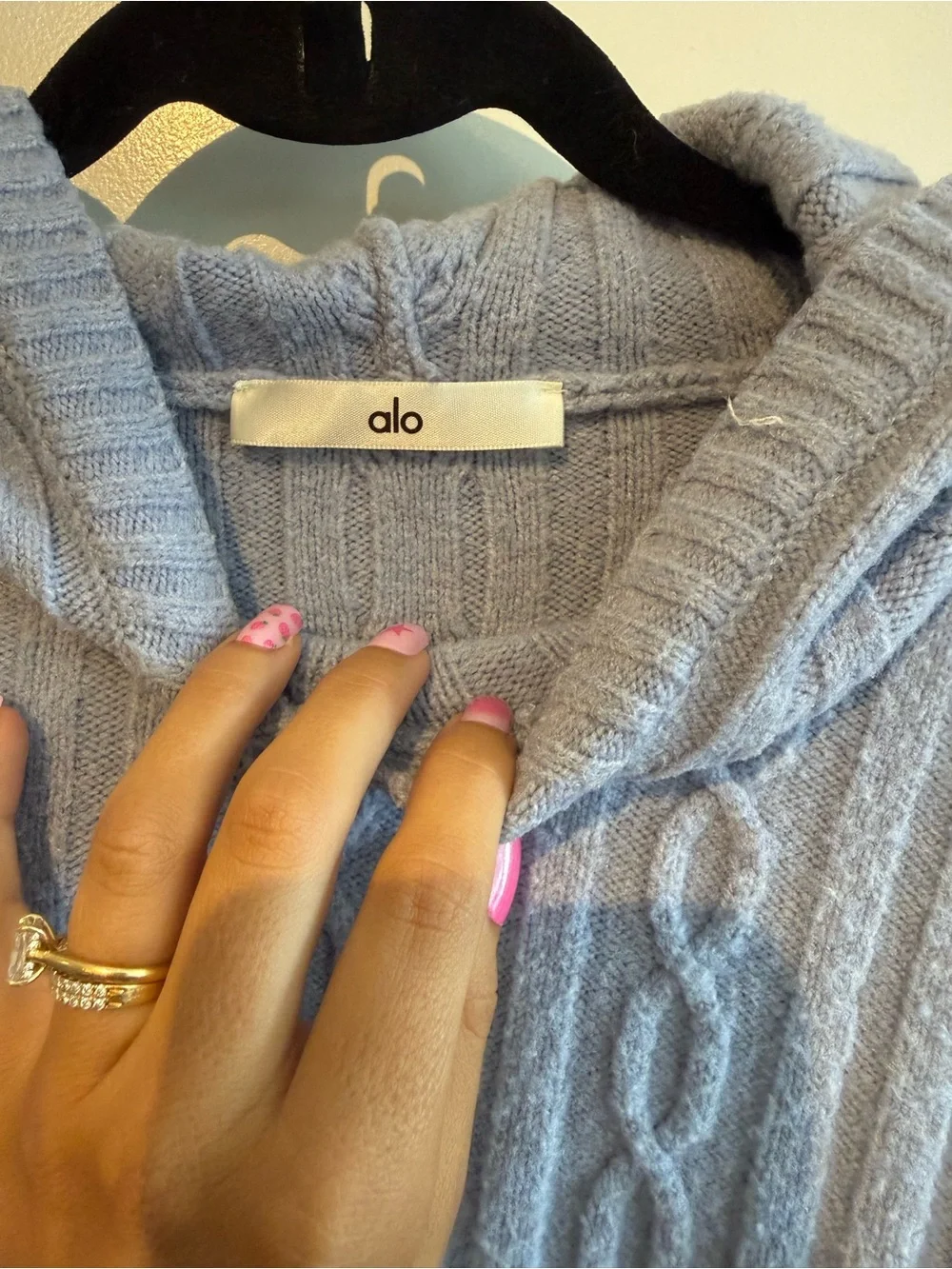ALO Yoga Dusty Blue Cable-Knit Hooded Sweater